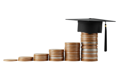 Graduation cap on coin stacks symbolizing education cost png isolated on transparent background