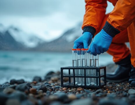 Scientist collects water samples in test tubes from cold lake shore. Researcher wears orange protective gear, blue gloves in arctic environment. Eco science fieldwork aids climate change study,