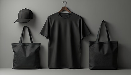 Black t shirt cap and tote bags mockup against grey background. Blank apparel wear design product presentation template. Merchandise mockup for branding logo or advertising.