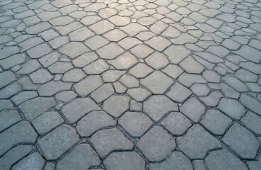 Hexagonal concrete pavement forms a textured ground surface. Interlocking grey blocks create a pathway or road. This durable paving offers a strong, geometric pattern for urban or garden design needs.