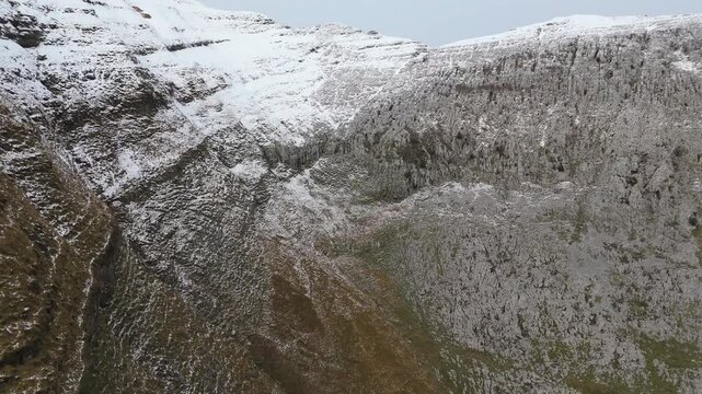 Snowy mountains overlook rural pine valley, Cantabria - Here is a revised description that meets the stock photography style guidelines: A snow-covered mountain landscape with limestone peaks