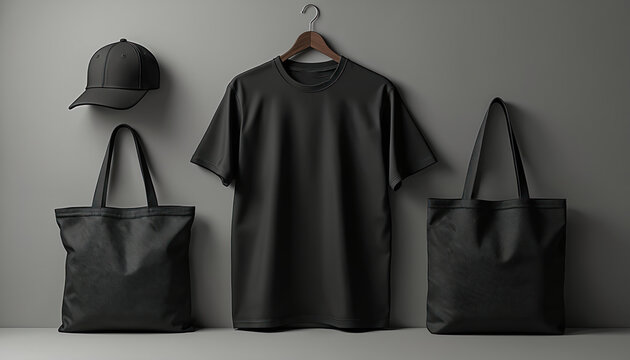 Black t shirt cap and tote bags mockup against grey background. Blank apparel wear design product presentation template. Merchandise mockup for branding logo or advertising.