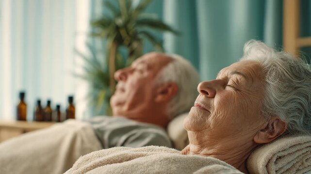 Senior couple enjoying spa treatment together indoors. Elderly pair relaxing during wellness therapy session. Mature retirees receiving facial masks at salon. Active citizens pampering themselves.