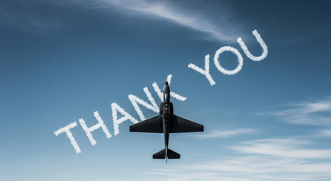 Military jet skywriting Thank You message, fighter plane flying in blue sky, aerial gratitude