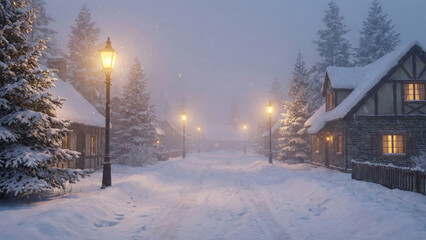 Obraz premium Scenic Winter Village Street with Glowing Street Lamps, Snow Covered Cottages, and Falling Snow at Twilight