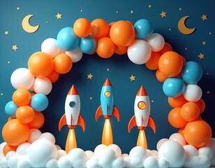 Fototapeta premium Three colorful rockets launch from white clouds against dark blue sky. Arch of orange, blue, white balloons decorates scene. Yellow moons, stars complete space exploration theme. Kids party