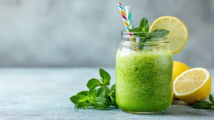 Fototapeta premium A vibrant green smoothie made with fresh mint and lemon sits in a jar beside sliced lemons. Colorful straws add a playful touch to this healthy beverage on a cool kitchen surface.