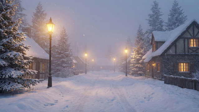 Fototapeta Scenic Winter Village Street with Glowing Street Lamps, Snow Covered Cottages, and Falling Snow at Twilight