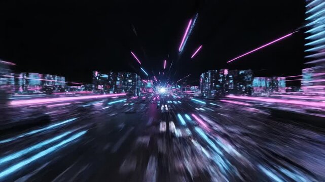 Fast movement through a dark, futuristic cyberpunk city street illuminated by vibrant neon pink and blue light trails 4k video - Powered by Adobe