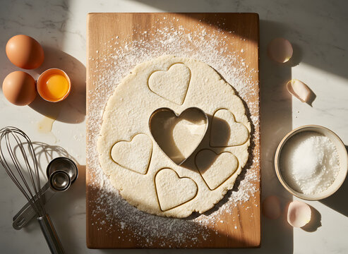 valentines baking flat lay with heart cookie cutters, flour, eggs, and rolling pin on kitchen table