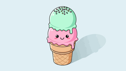 Cute cartoon ice cream cone with pink and green scoops and a happy face.