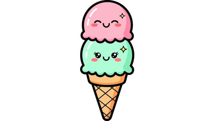 Cute cartoon ice cream cone with two scoops, pink and green, smiling faces, and sparkling eyes.