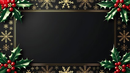 Festive christmas frame with holly berries and snowflakes on black background