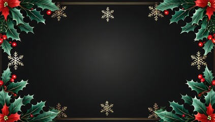 Elegant christmas border with holly berries and snowflakes on black background