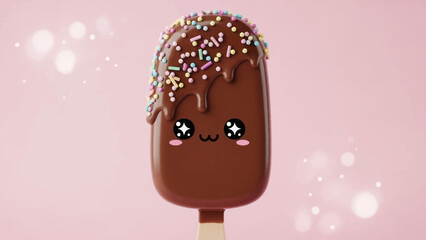 Cute chocolate popsicle with sprinkles and kawaii face on pink background.