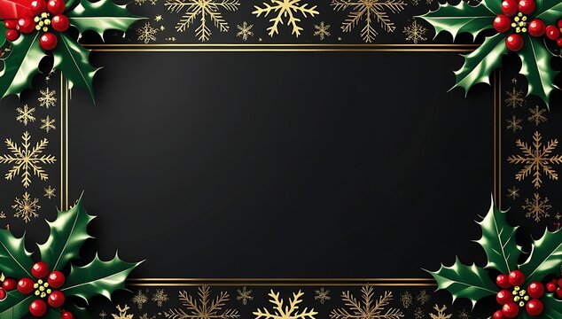 Festive christmas frame with holly berries and snowflakes on black background