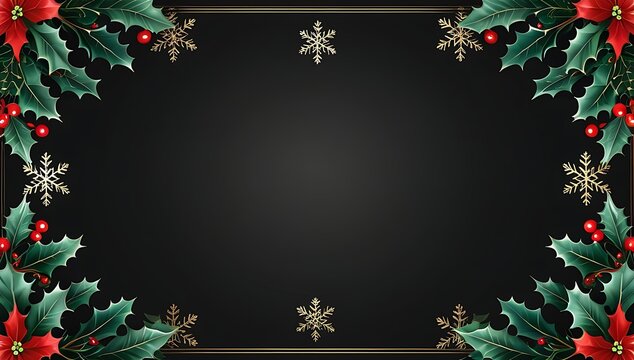 Elegant christmas border with holly berries and snowflakes on black background