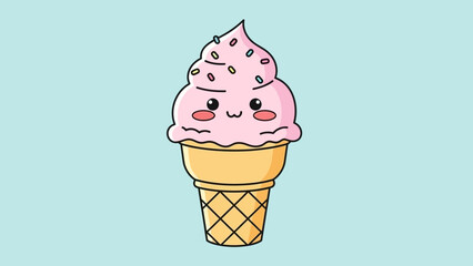 Cute cartoon ice cream cone with pink ice cream and sprinkles on a blue background.