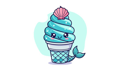 Cute mermaid ice cream cone with a seashell on top, cartoon illustration.