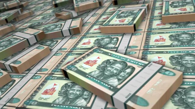 Eritrea Nakfa Eritrean money banknote bundle loop. 20 ERN money stacks. Concept of business, economy, banking and finance. Camera over cash packs loopable seamless 3d.