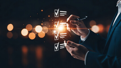 Businessman checking off tasks on a digital checklist with glowing lights