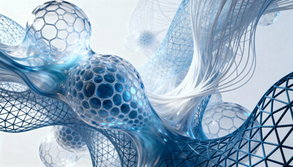 An abstract fusion of organic cellular structures and synthetic fiber networks, echoing modern biotech aesthetics