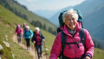 Group of older women hike mountain trail, carrying backpacks and using poles. They smile enjoying beautiful scenery and active outdoor lifestyle. Friends walk together on sunny summer day.