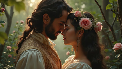 Naklejka premium Couple in historical attire gazes into each others eyes amidst a rose garden. Man wears ornate vest, woman floral headdress. Soft sunlight filters through trees, creating romantic ambiance.