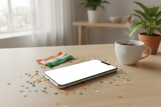 patriotic desk setup featuring indian tricolor and smartphone mockup - Powered by Adobe