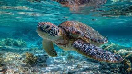 Obraz premium majestic sea turtle swimming underwater in vibrant clear ocean wildlife scene