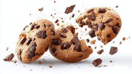 falling chocolate chip cookies with broken pieces on clean white background