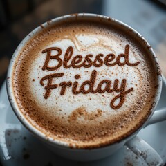 Blessed Friday latte art message drawn on warm foamy cappuccino with smooth texture