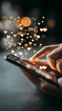 Una mano interact&uacute;a con un smartphone mostrando una cascada de corazones digitales.