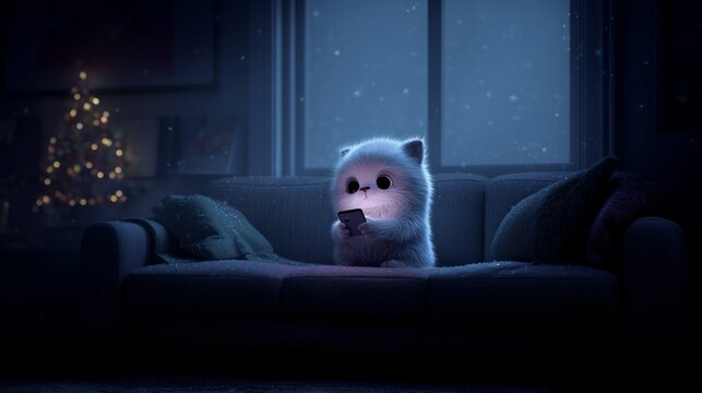 lonely cute cartoon cat on sofa with phone in emotional christmas scene