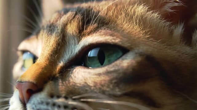 Primer plano de un gato atigrado mirando a trav&eacute;s de una ventana.