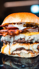 Double deck burger with crispy bacon, rare beef patties, melted cheese, and homemade mayo. Juicy, crunchy, and indulgent. Perfect for gourmet promotions.