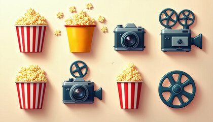 Vibrant digital illustration displays popcorn buckets, classic cameras, film reels on light background. Creative art movie theater, film making, media production, fun entertainment. Excellent visual