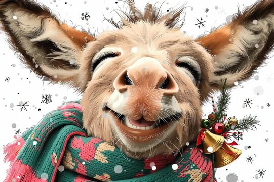 Un burro con un gesto alegre, adornado con motivos navide&ntilde;os, contra un fondo de nieve.