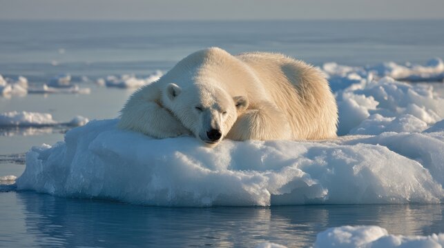A polar bear lies peacefully on an ice floe in the Arctic Ocean, soaking up the sun. The calm waters and clear sky create a serene atmosphere in this remote environment.