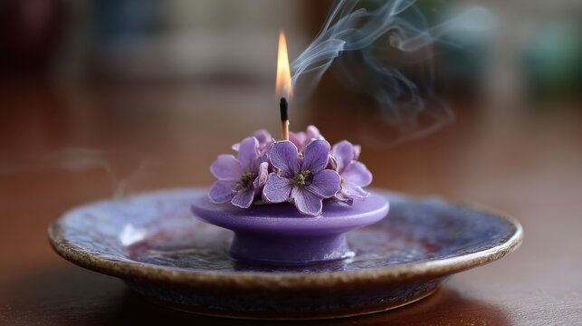 A purple candle surrounded by small flowers sits on a decorative plate. A thin trail of smoke rises as the candle burns, creating a calming atmosphere on a wooden table. - Powered by Adobe
