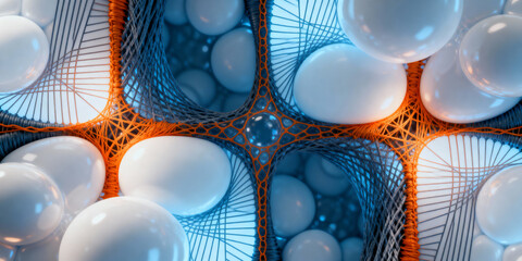 An abstract fusion of organic cellular structures and synthetic fiber networks, echoing modern biotech aesthetics