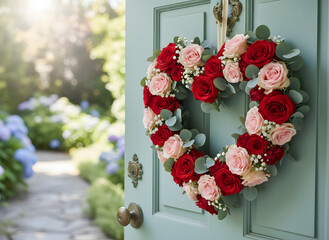 floral heart wreath on front door with pink roses and garden background in soft sunlight
