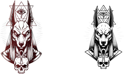 Anubis illustration with skull and pyramid in dark red and white color variations