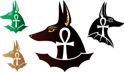 Anubis heads in various colors representing ancient egyptian mythology and afterlife