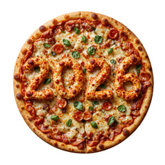 2026 new year message shaped with vegetables and cheese baked onto crispy pizza crust