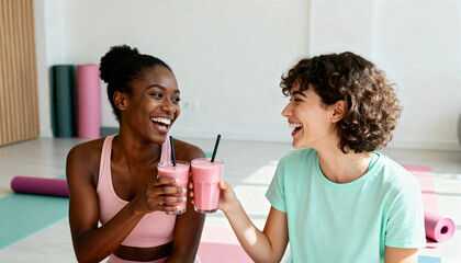 Two diverse friends laughing and toasting with pink smoothies after a fitness workout. Happy young women enjoying a healthy lifestyle in a yoga studio