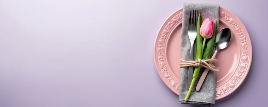 Festive table setting for holiday dinner party. Pink plate with cutlery set, napkin, tulip flower on lilac background. Elegant decoration for Mothers Day, easter romantic wedding. Long banner