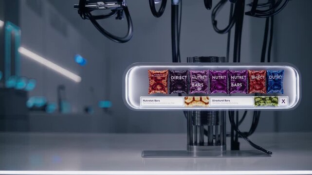 Mechanical arm choosing nutritional bar from futuristic vending machine inside advanced laboratory, showcasing automated food distribution in sleek, technological environment