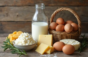 Assortment of fresh organic farm milk, various blocks of cheese, creamy cottage cheese in bowl, brown chicken eggs in basket. Wholesome dairy, poultry products with aromatic rosemary sprigs on rustic