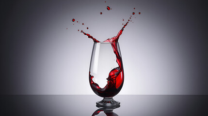 Red wine splashing dramatically in clear glass on reflective surface against grey background. Dynamic and visually impressive scene with elegance. Concept for celebration, wine tasting. Studio photo.
